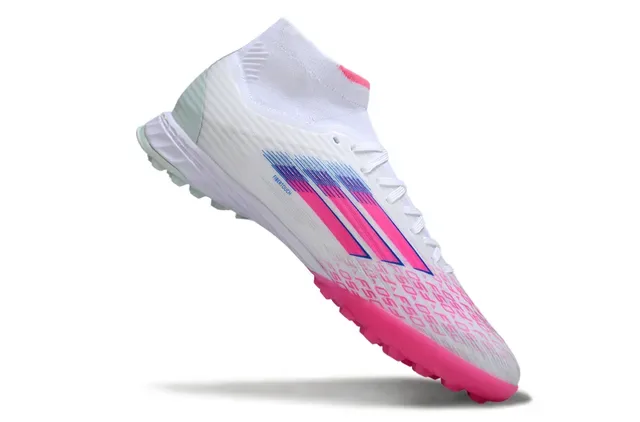 Adidas Chuteiras de futebol para gramado branco e rosa alto com colarinho de meia ajustável e gráficos de listras degradadas 2