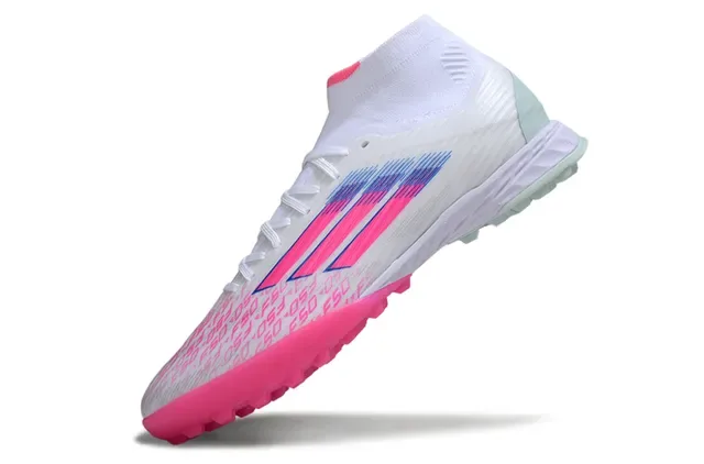 Adidas Chuteiras de futebol para gramado branco e rosa alto com colarinho de meia ajustável e gráficos de listras degradadas 3