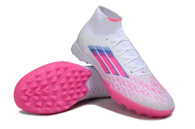 Adidas Chuteiras de futebol para gramado branco e rosa alto com colarinho de meia ajustável e gráficos de listras degradadas 4