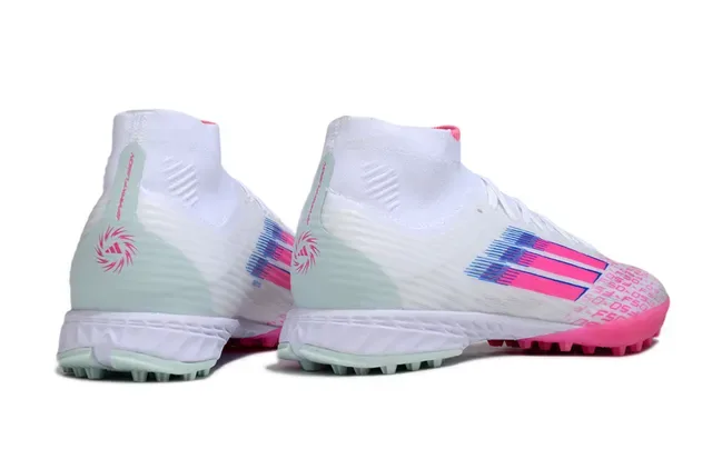 Adidas Chuteiras de futebol para gramado branco e rosa alto com colarinho de meia ajustável e gráficos de listras degradadas 5
