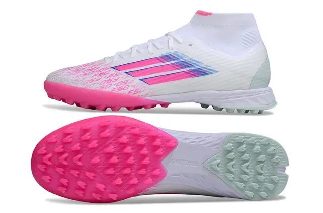 Adidas Chuteiras de futebol para gramado branco e rosa alto com colarinho de meia ajustável e gráficos de listras degradadas 6