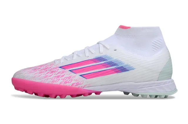 Adidas Chuteiras de futebol para gramado branco e rosa alto com colarinho de meia ajustável e gráficos de listras degradadas 7