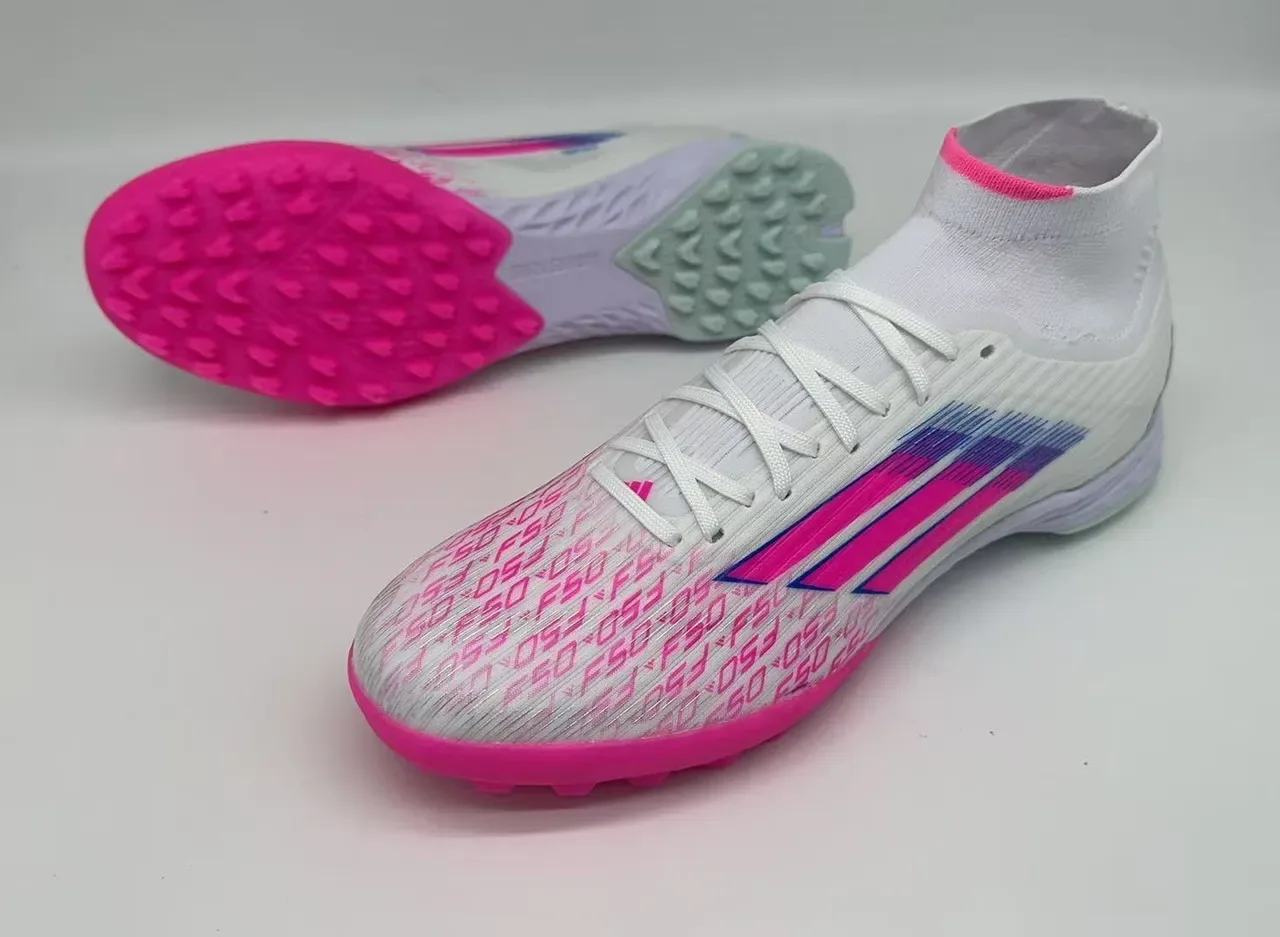 Adidas Chuteiras de futebol para gramado branco e rosa alto com colarinho de meia ajustável e gráficos de listras degradadas 10