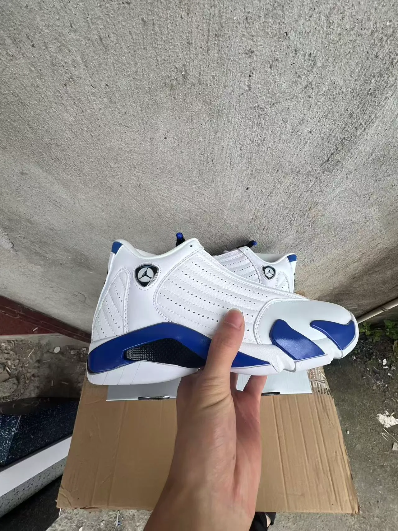 Zapatillas de baloncesto Air Jordan 14 blanco y azul real 7