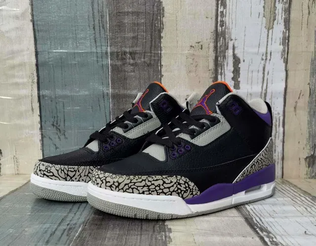 Air Jordan 3 黑色紫色水泥大象印花篮球鞋 7