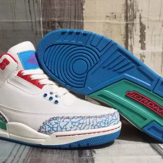 Tênis de basquete Air Jordan 3 branco azul verde vermelho com estampa de elefante