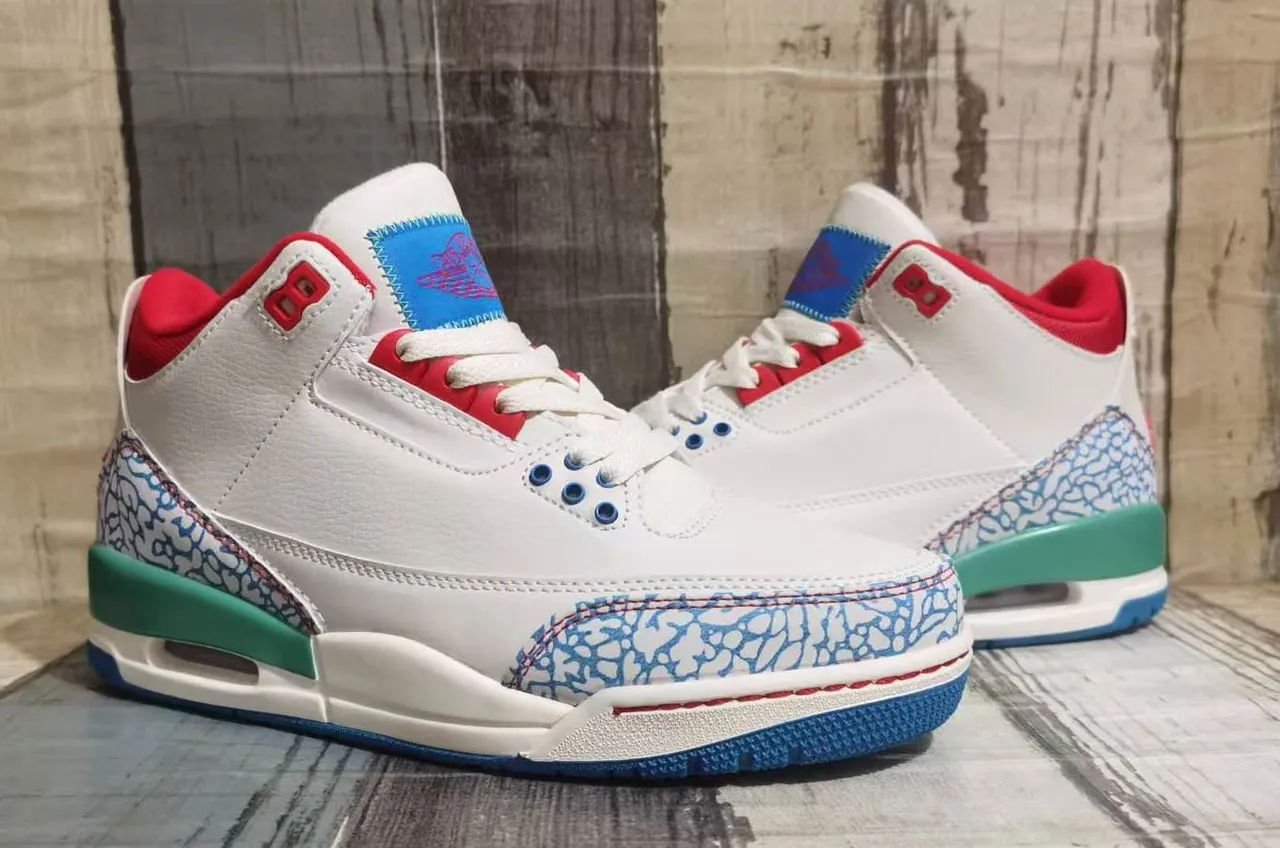 Chaussures de basketball Air Jordan 3 blanc bleu vert rouge motif éléphant 3