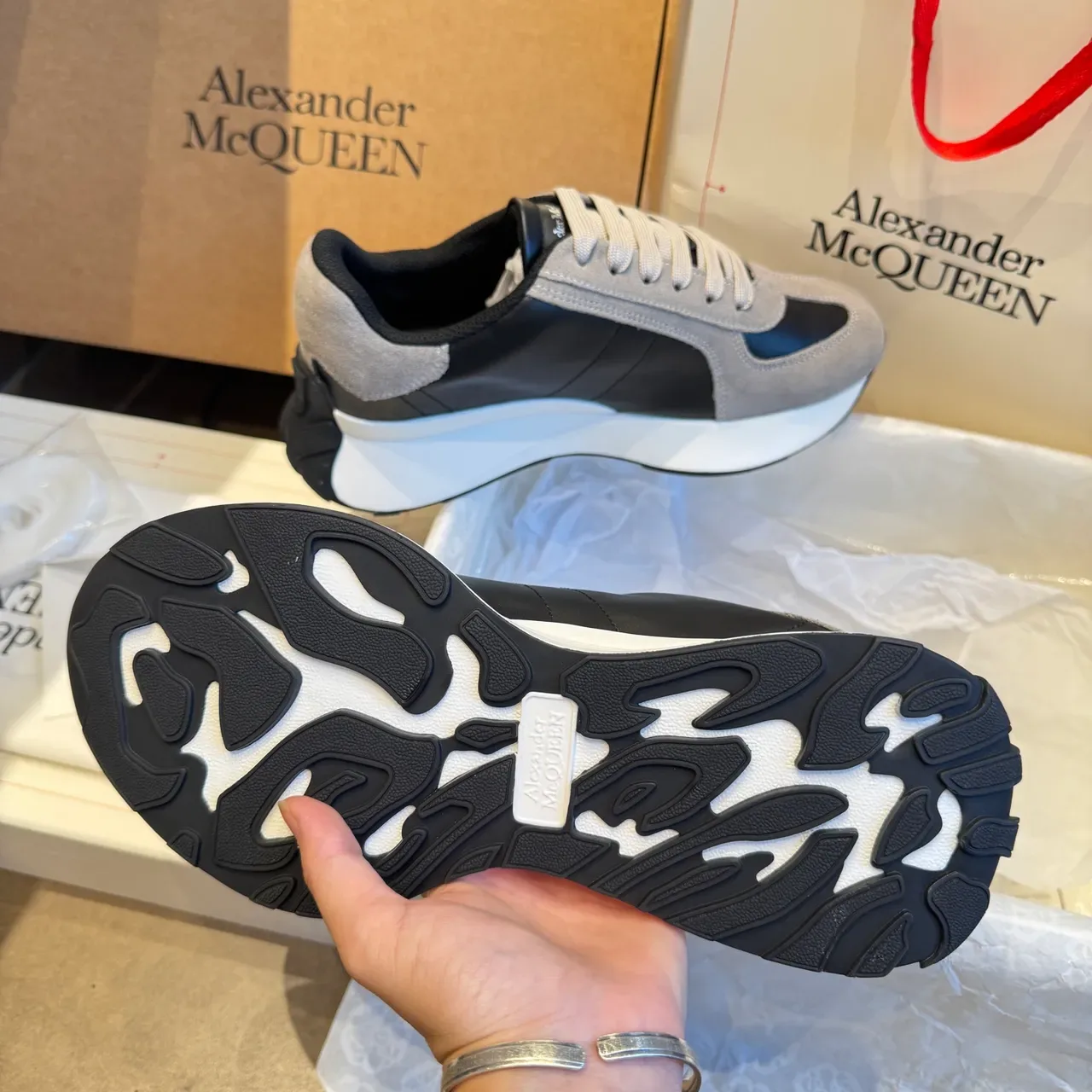 Alexander McQueen Black Gray Chunky Platform Sole Suede And Leather Panel Construction Lifestyle Sneakers 2