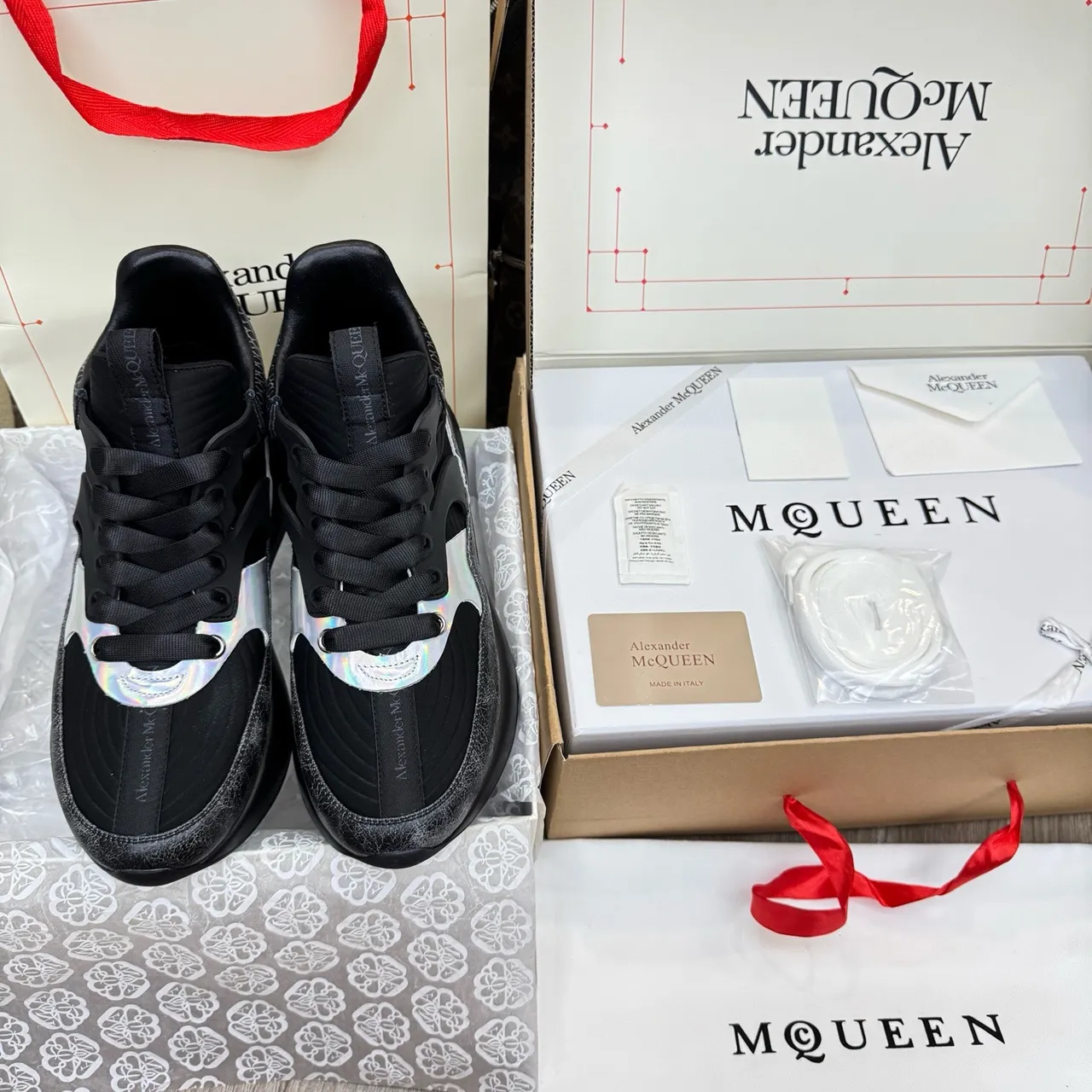 Alexander McQueen Oversized Sneaker Black Silver Sculpted Sole Cracked Leather Texture Chunky Sneakers 2