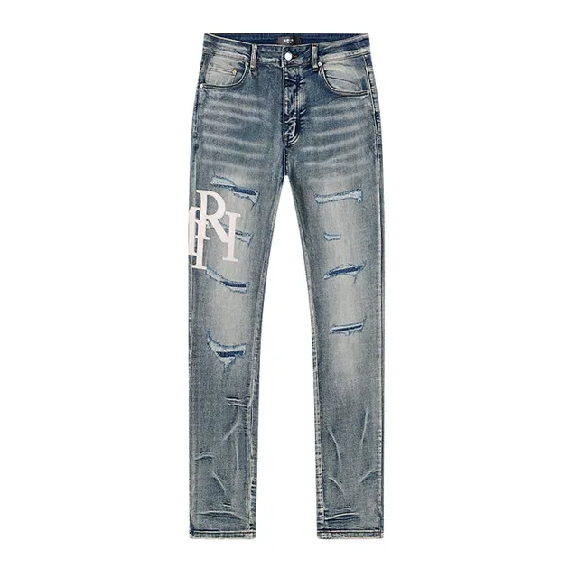 Amiri Jeans Bleu et Blanc Distressed avec Impression Graphique 2