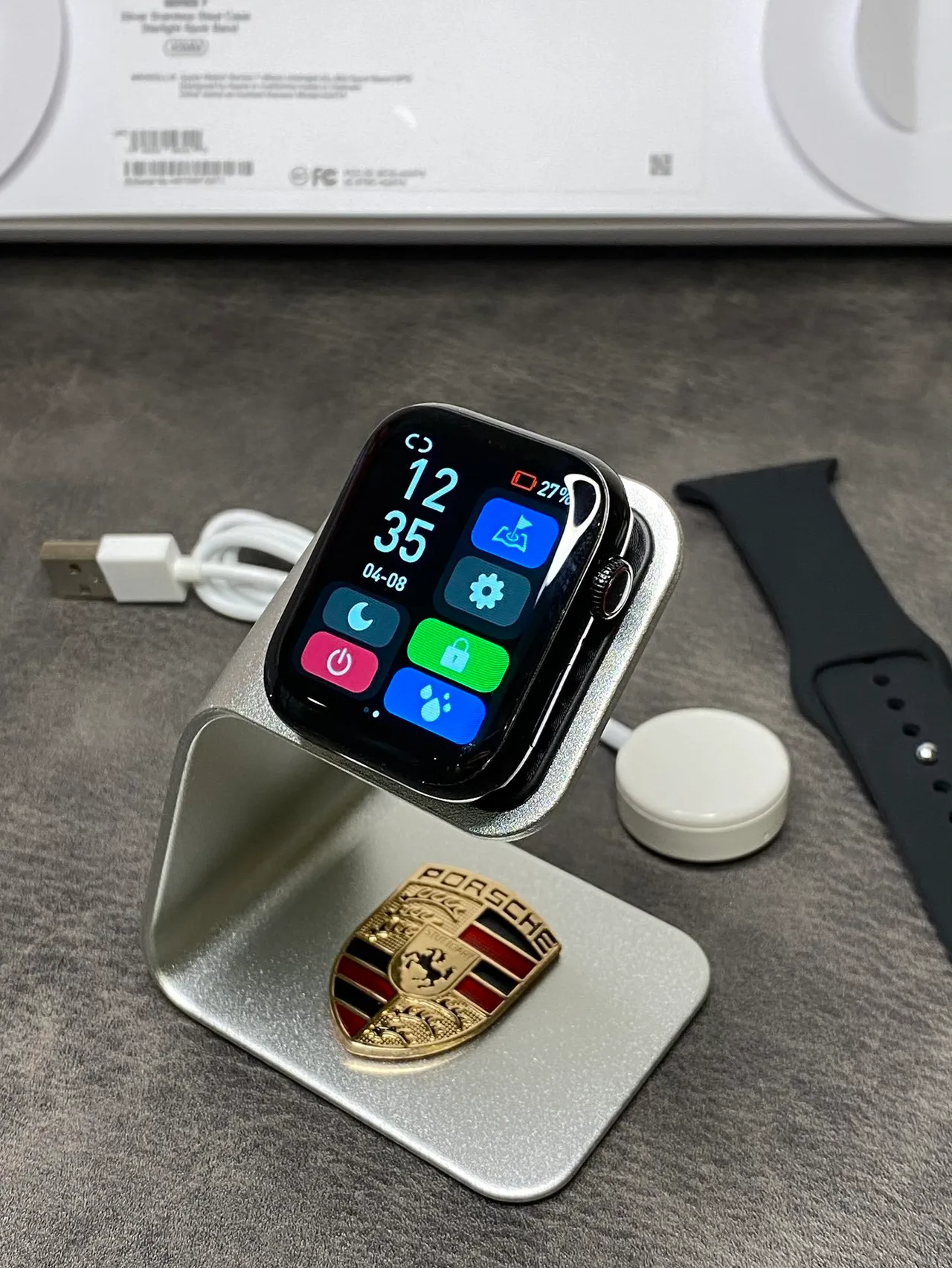 Apple Series 7 Plata Gris Borde Plano Carcasa Acero Inoxidable Banda Deportiva de Silicona Ligera Reloj Deportivo 7