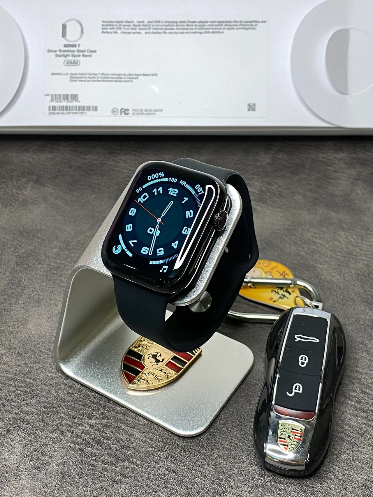 Apple Series 7 Plata Gris Borde Plano Carcasa Acero Inoxidable Banda Deportiva de Silicona Ligera Reloj Deportivo 9