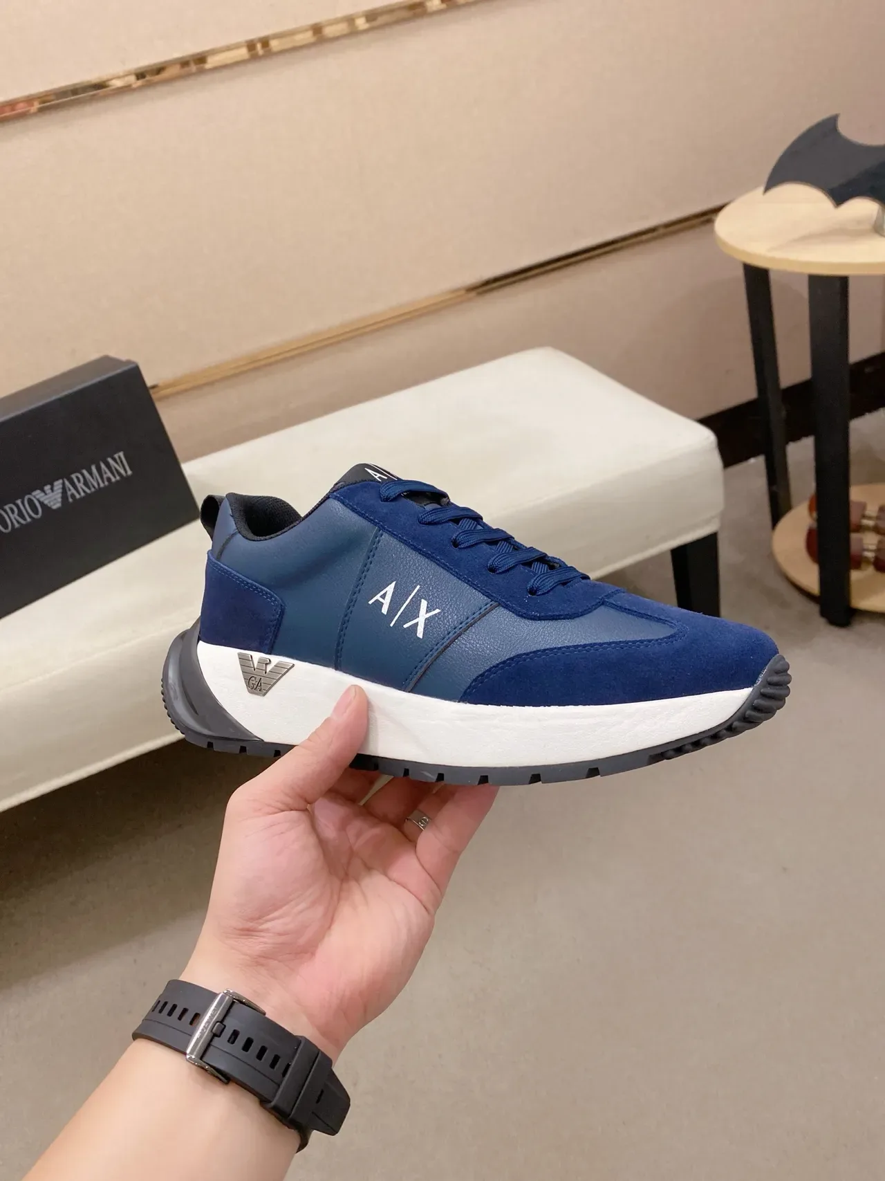 Armani Exchange Navy White Mixed-Material Upper Platform Sole Lifestyle Sneakers 4