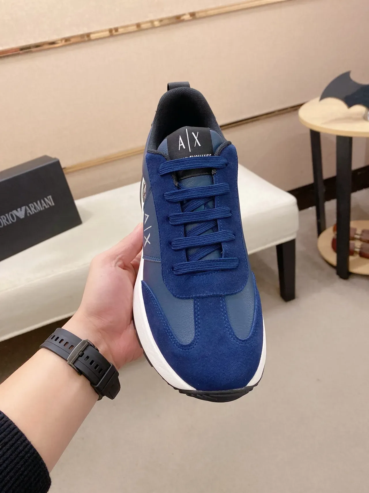Armani Exchange Navy White Mixed-Material Upper Platform Sole Lifestyle Sneakers 5
