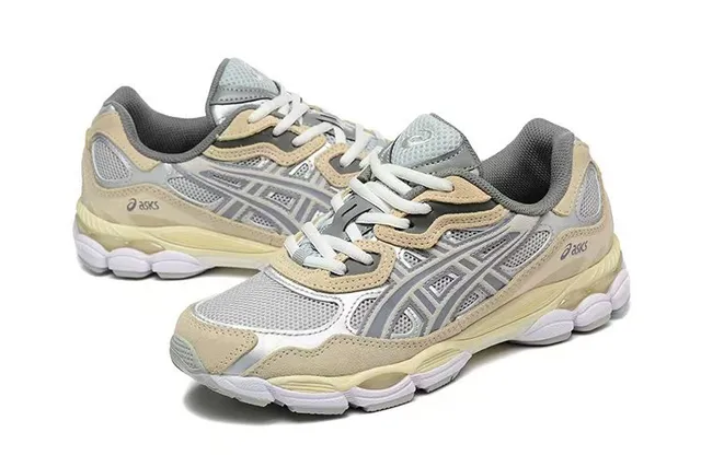 ASICS Beige Gray Layered Synthetic Cage Mesh Paneling Lifestyle Sneakers 3
