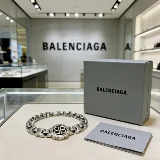 Balenciaga BB Pulseira Prata Preta Corrente Curb Grossa Links Gravados Bracelet