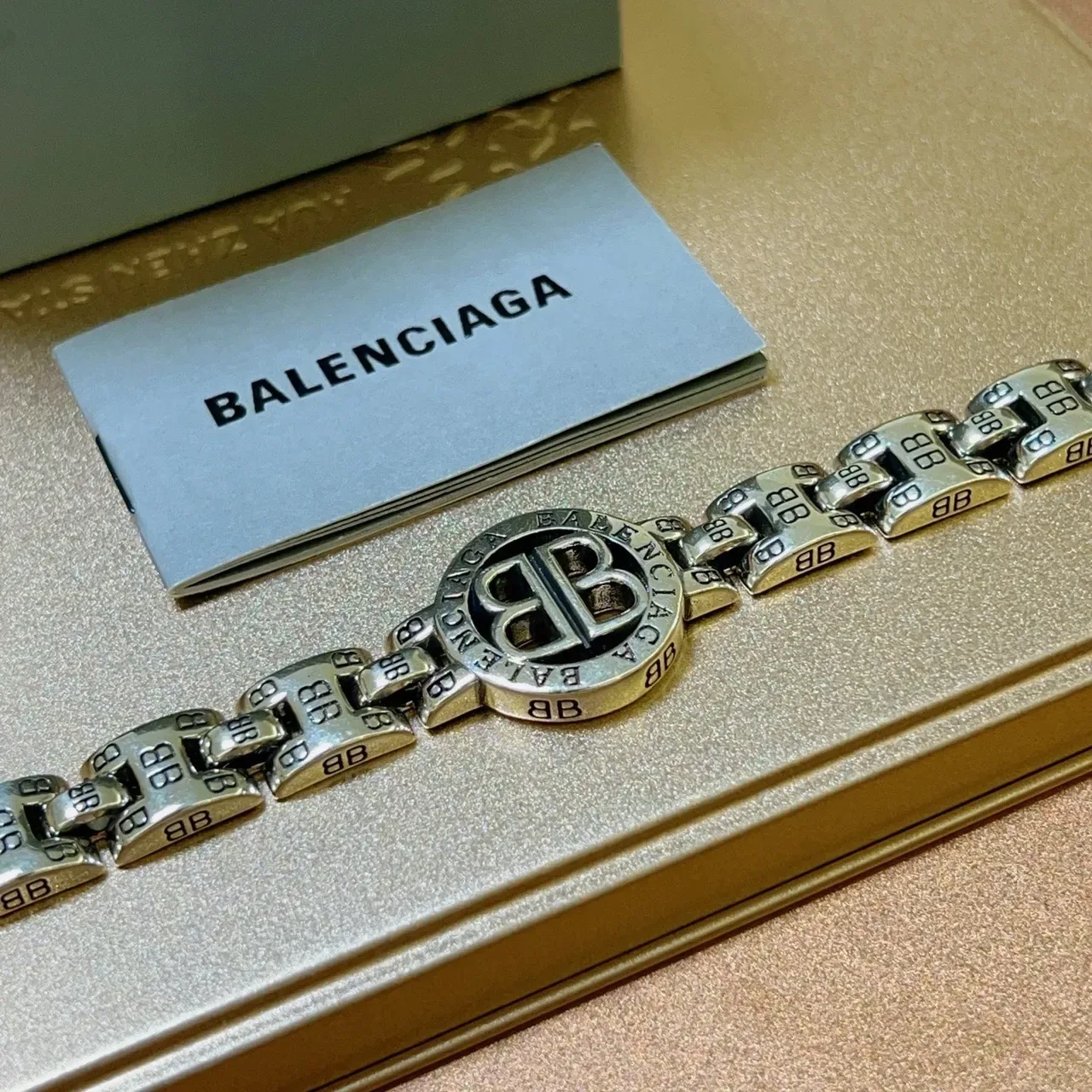 Balenciaga BB Bracelet Silver Black Chunky Curb Chain Engraved Links Bracelet 3