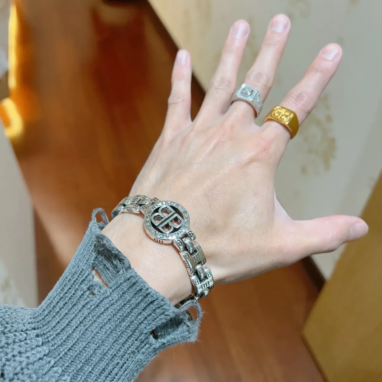 Balenciaga BB Bracelet Silver Black Chunky Curb Chain Engraved Links Bracelet 5