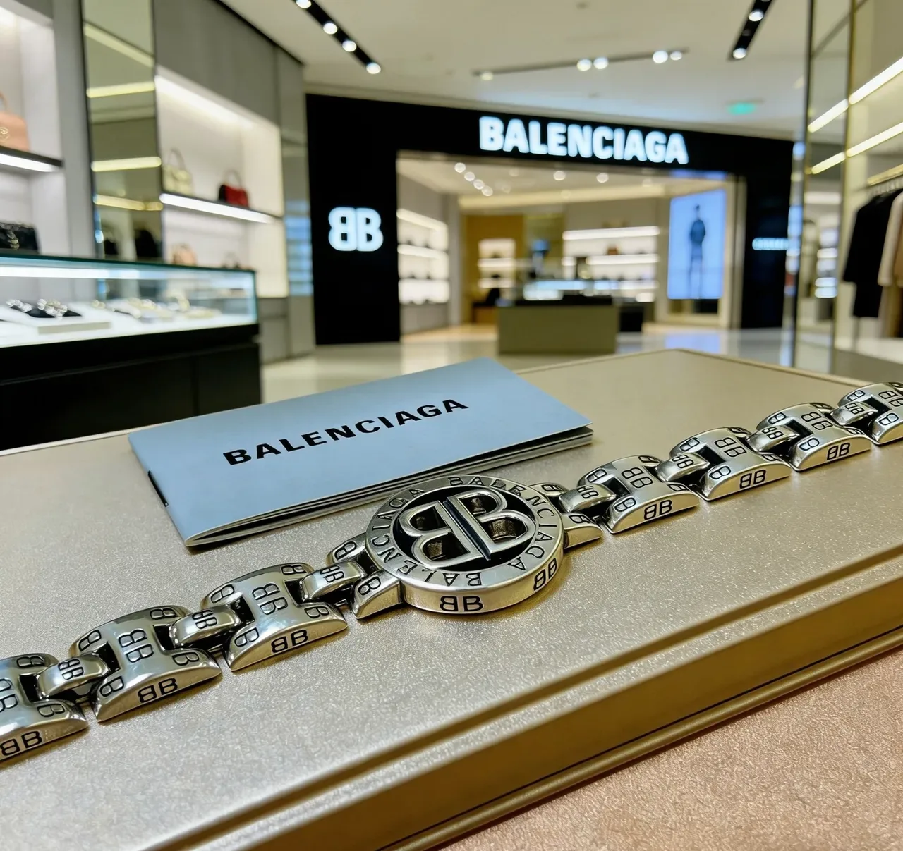 Balenciaga BB Bracelet Silver Black Chunky Curb Chain Engraved Links Bracelet 6