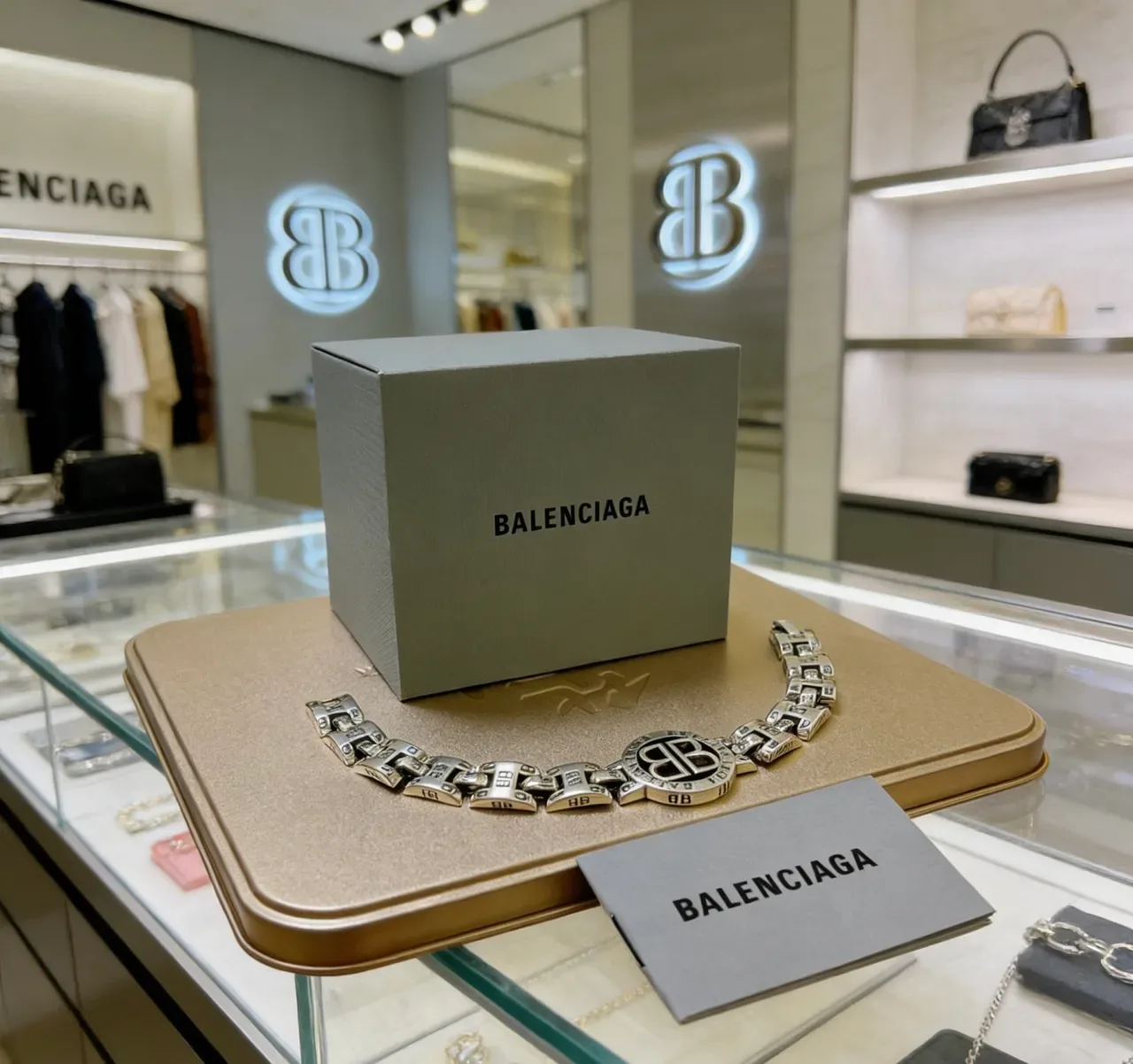 Balenciaga BB Bracelet Silver Black Chunky Curb Chain Engraved Links Bracelet 7