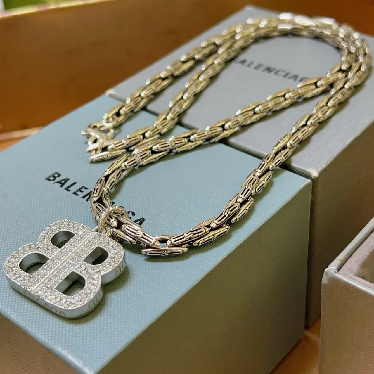Balenciaga BB Crystal Pendant Chunky Chain Necklace 4