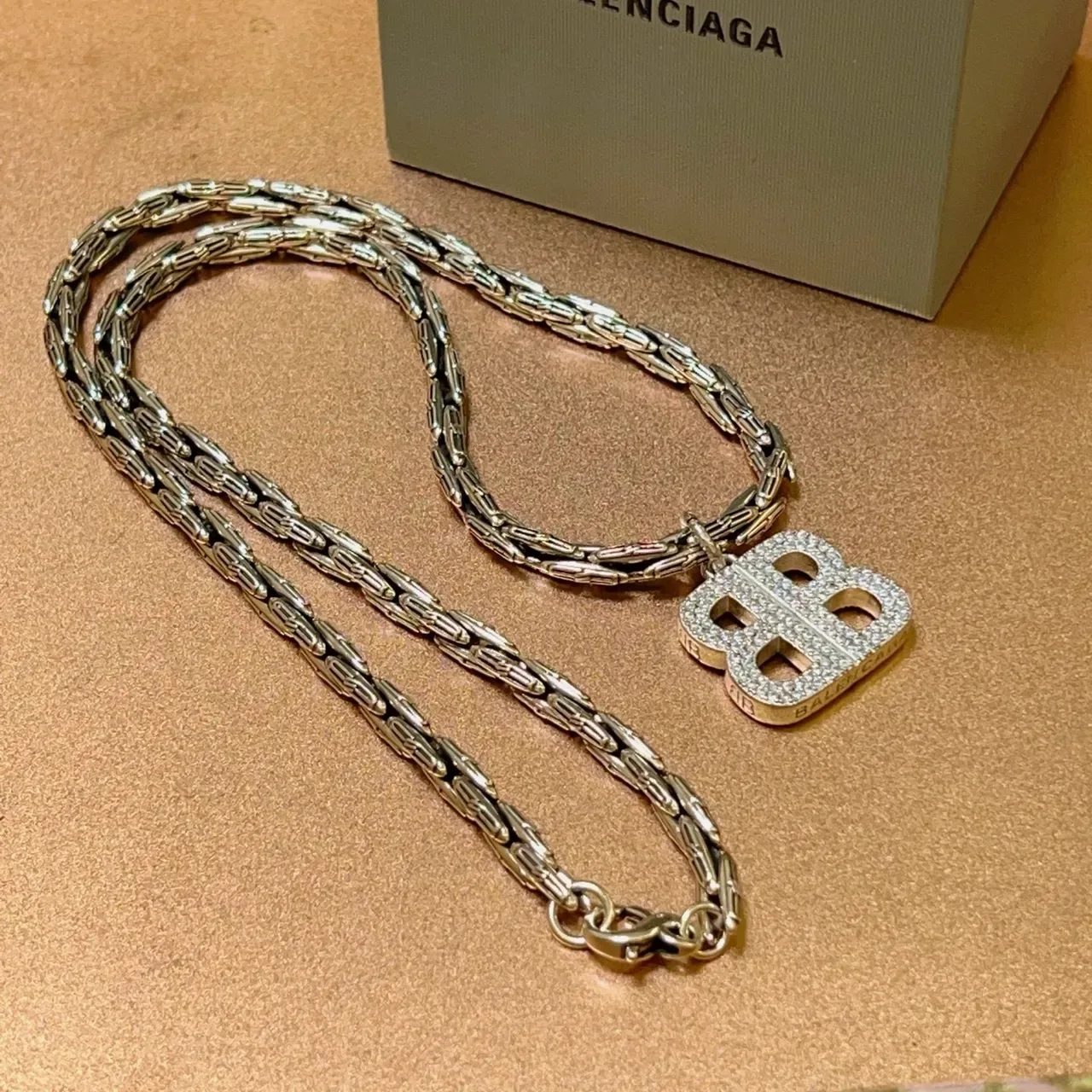 Balenciaga BB Crystal Pendant Chunky Chain Necklace 6