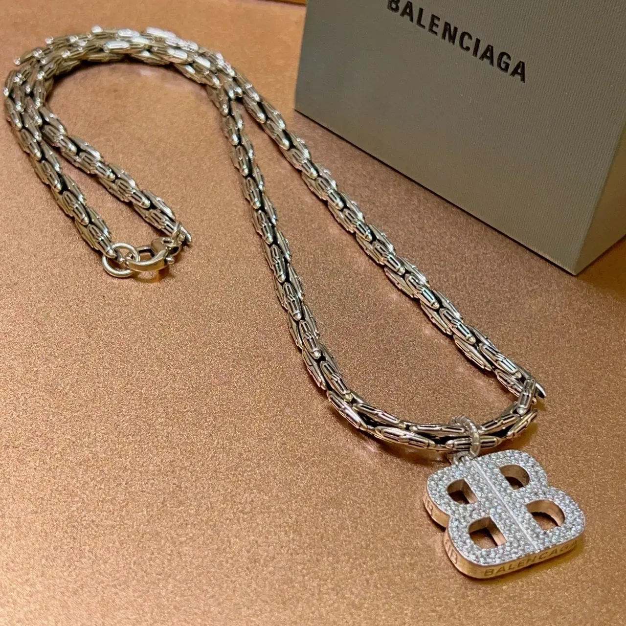 Balenciaga BB Crystal Pendant Chunky Chain Necklace 9