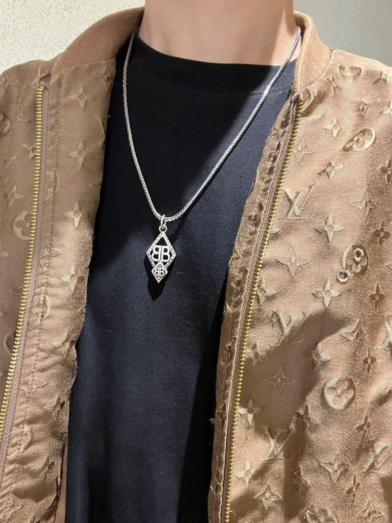 Balenciaga BB Logo Diamond Pendant Silver Necklace 2