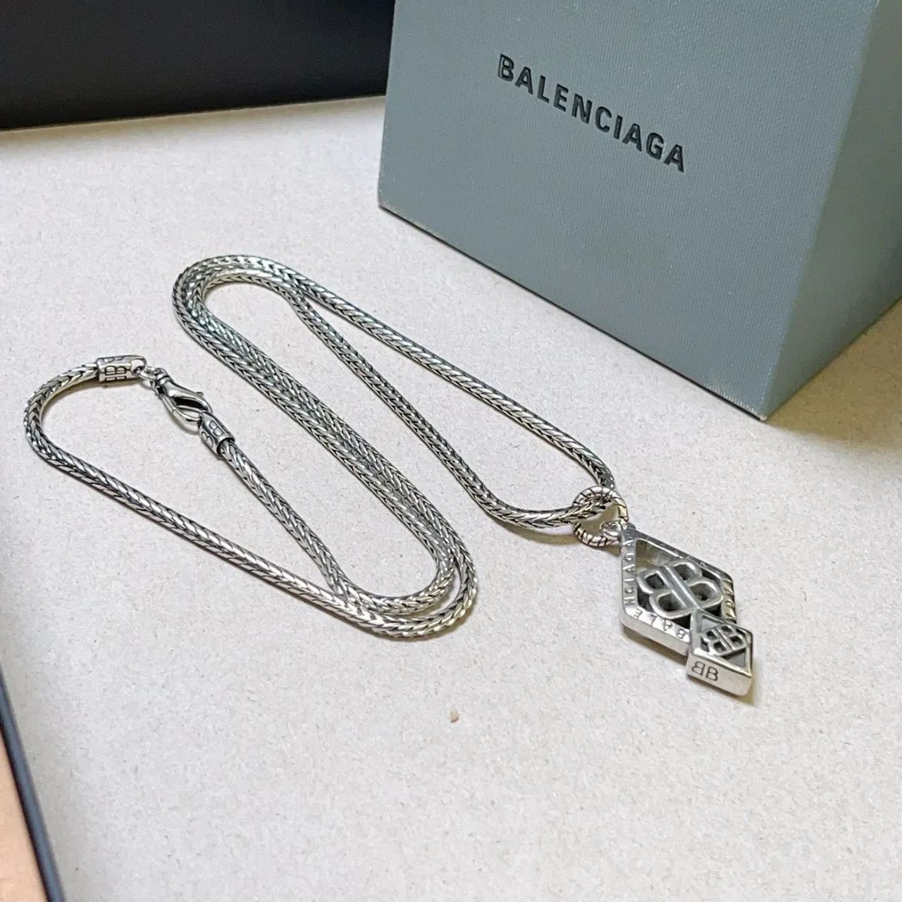 Balenciaga BB Logo Diamond Pendant Silver Necklace 3