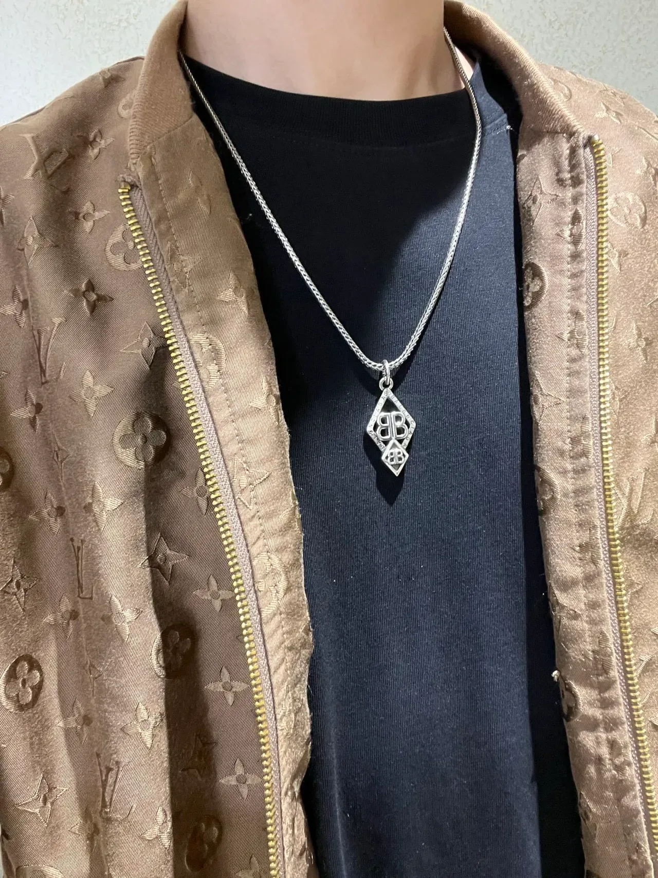 Balenciaga BB Logo Diamond Pendant Silver Necklace 4