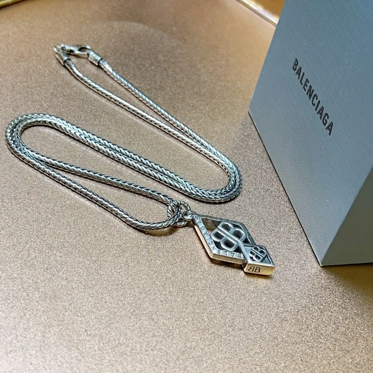 Balenciaga BB Logo Diamond Pendant Silver Necklace 5