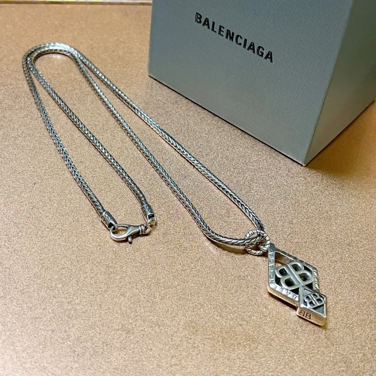 Balenciaga BB Logo Diamond Pendant Silver Necklace 6