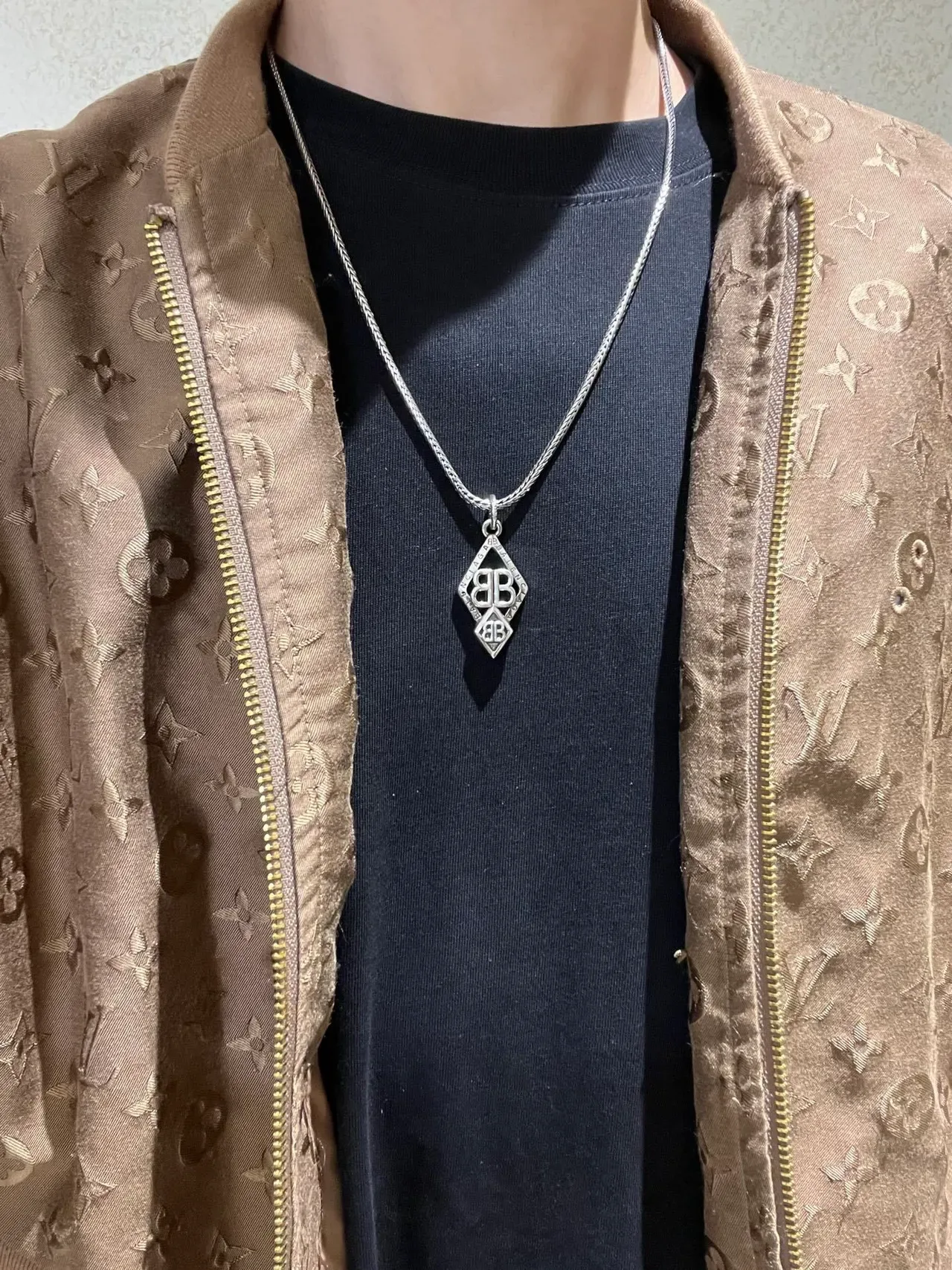 Balenciaga BB Logo Diamond Pendant Silver Necklace 7