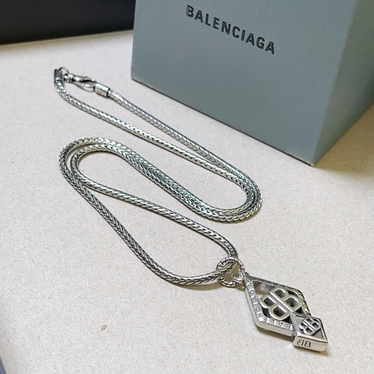 Balenciaga BB Logo Diamond Pendant Silver Necklace 8