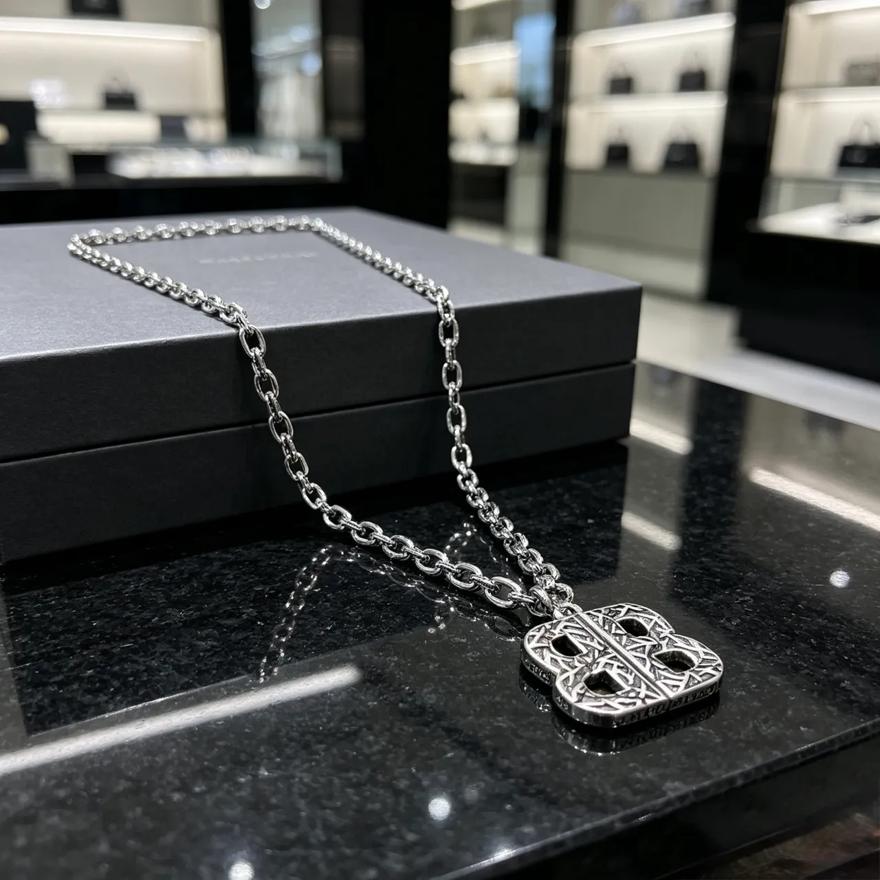 Balenciaga BB Monogram Silver Black Heavy-Link Chain Ornate Pendant Necklace 2