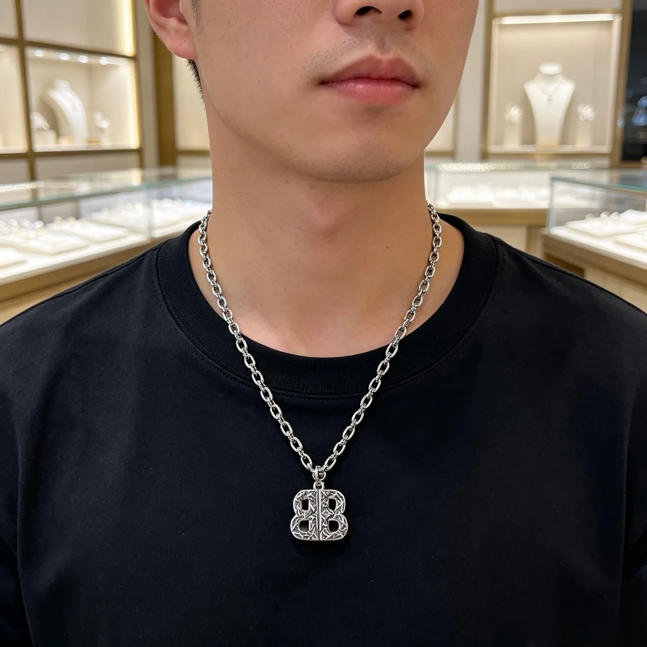 Balenciaga BB Monogram Silver Black Heavy-Link Chain Ornate Pendant Necklace 3