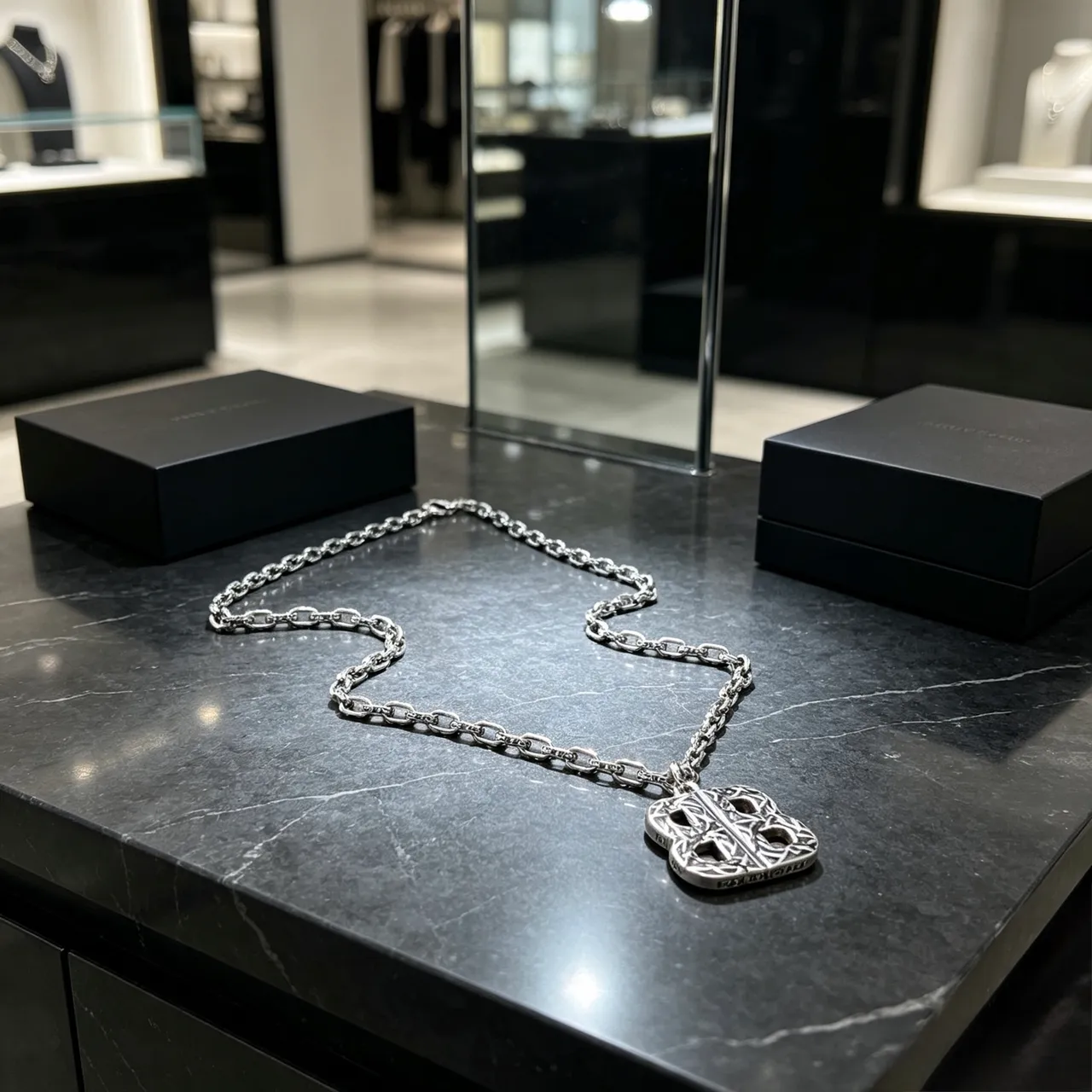 Balenciaga BB Monogram Silver Black Heavy-Link Chain Ornate Pendant Necklace 4