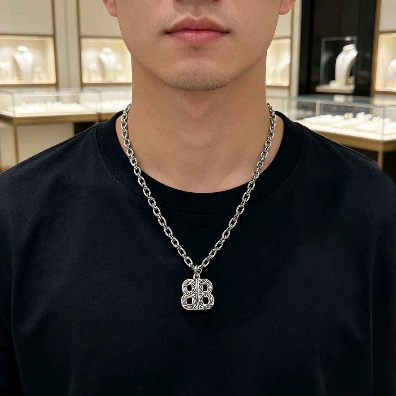 Balenciaga BB Monogram Silver Black Heavy-Link Chain Ornate Pendant Necklace 5