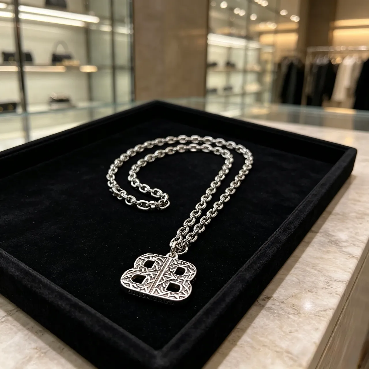Balenciaga BB Monogram Silver Black Heavy-Link Chain Ornate Pendant Necklace 6