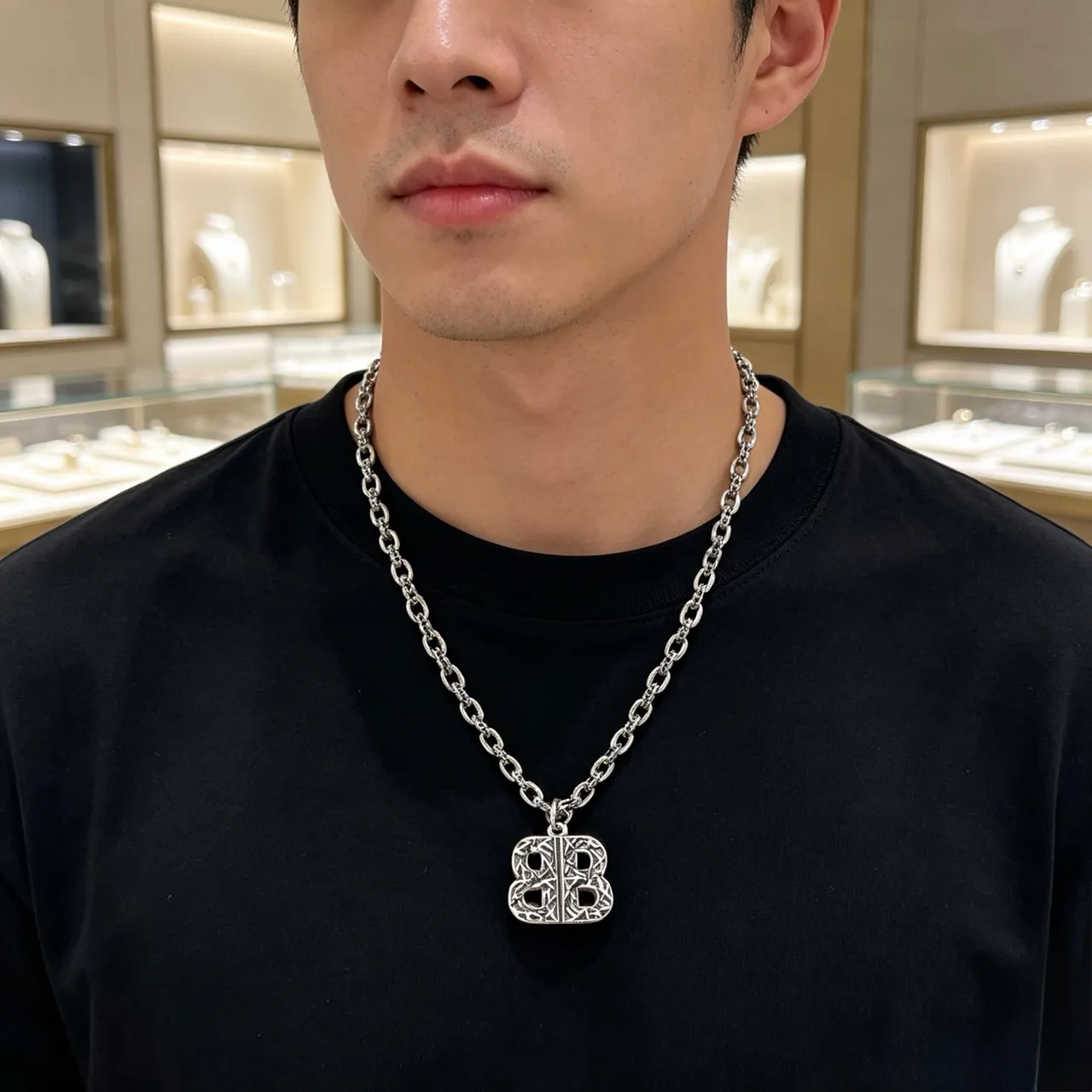 Balenciaga BB Monogram Silver Black Heavy-Link Chain Ornate Pendant Necklace 7