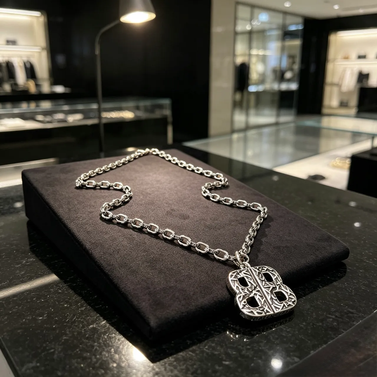 Balenciaga BB Monogram Silver Black Heavy-Link Chain Ornate Pendant Necklace 8