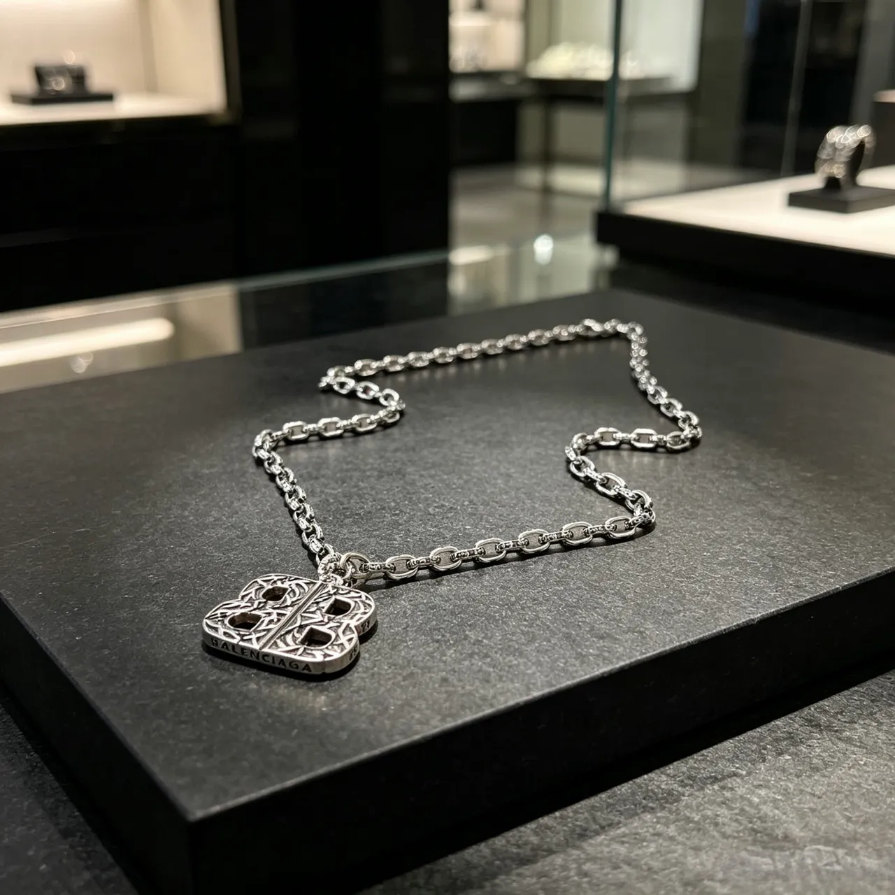 Balenciaga BB Monogram Silver Black Heavy-Link Chain Ornate Pendant Necklace 9