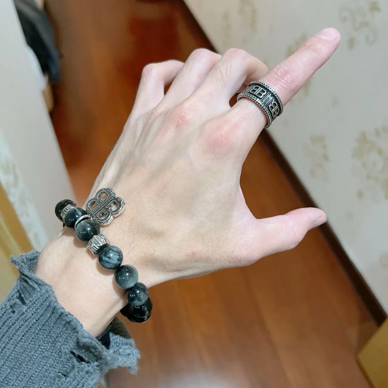 Balenciaga BB Ring Silver and Black Enamel Wide Band Ring 2