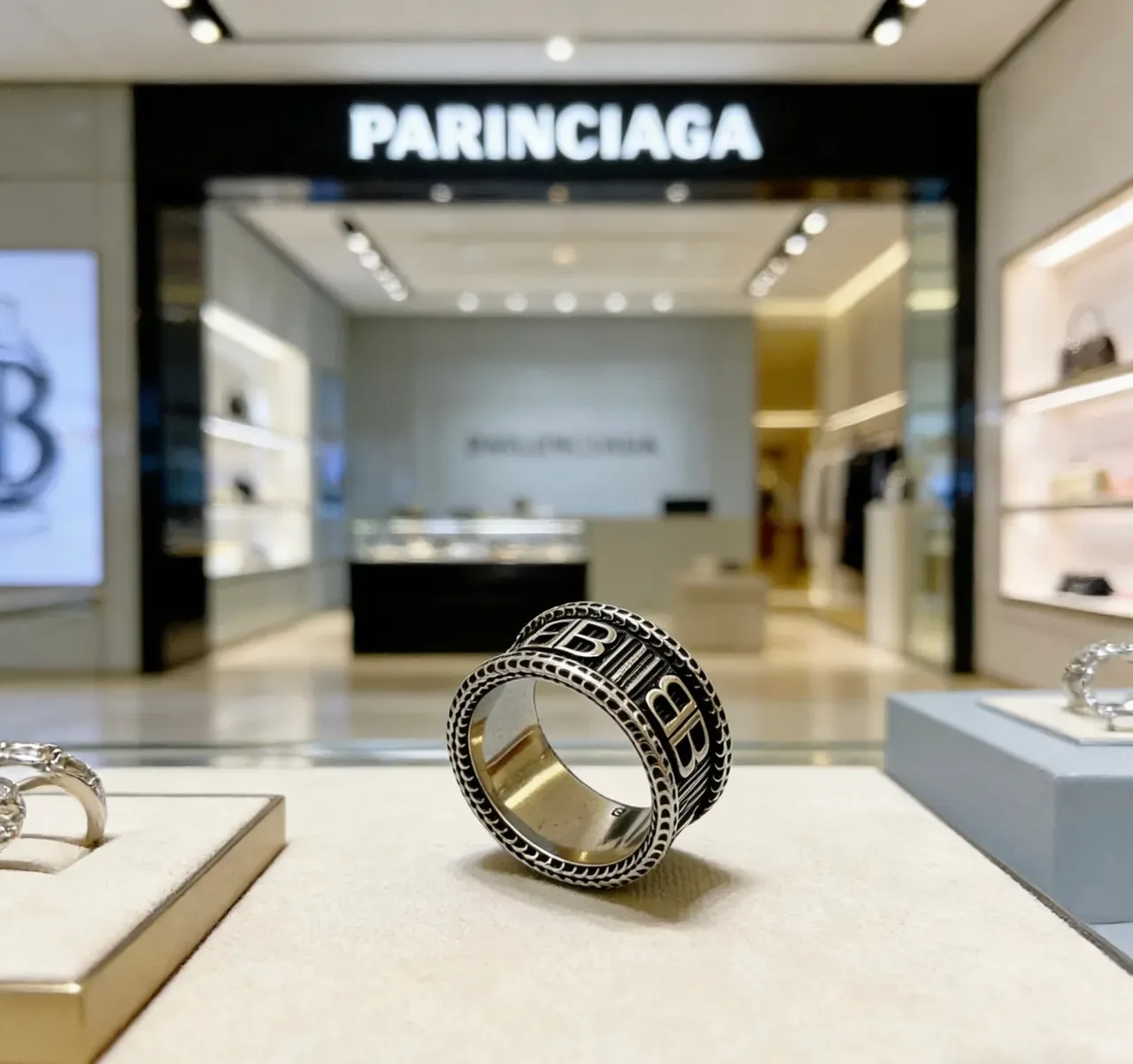Balenciaga BB Ring Silver and Black Enamel Wide Band Ring 3