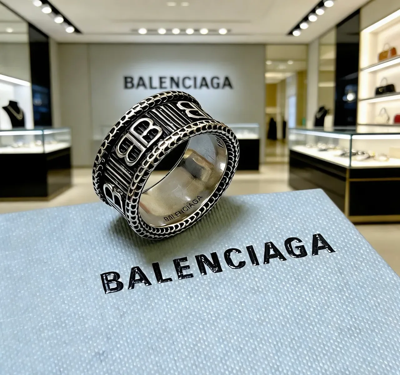 Balenciaga BB Ring Silver and Black Enamel Wide Band Ring 4