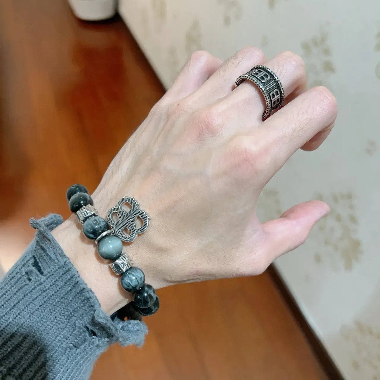Balenciaga BB Ring Silver and Black Enamel Wide Band Ring 5