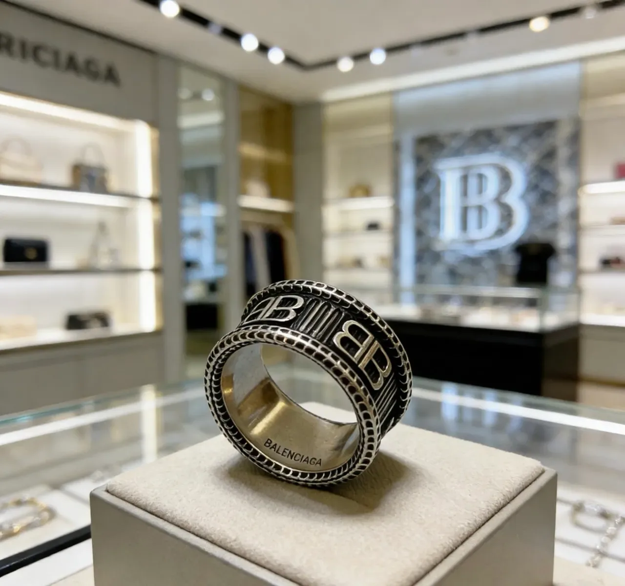 Balenciaga BB Ring Silver and Black Enamel Wide Band Ring 6