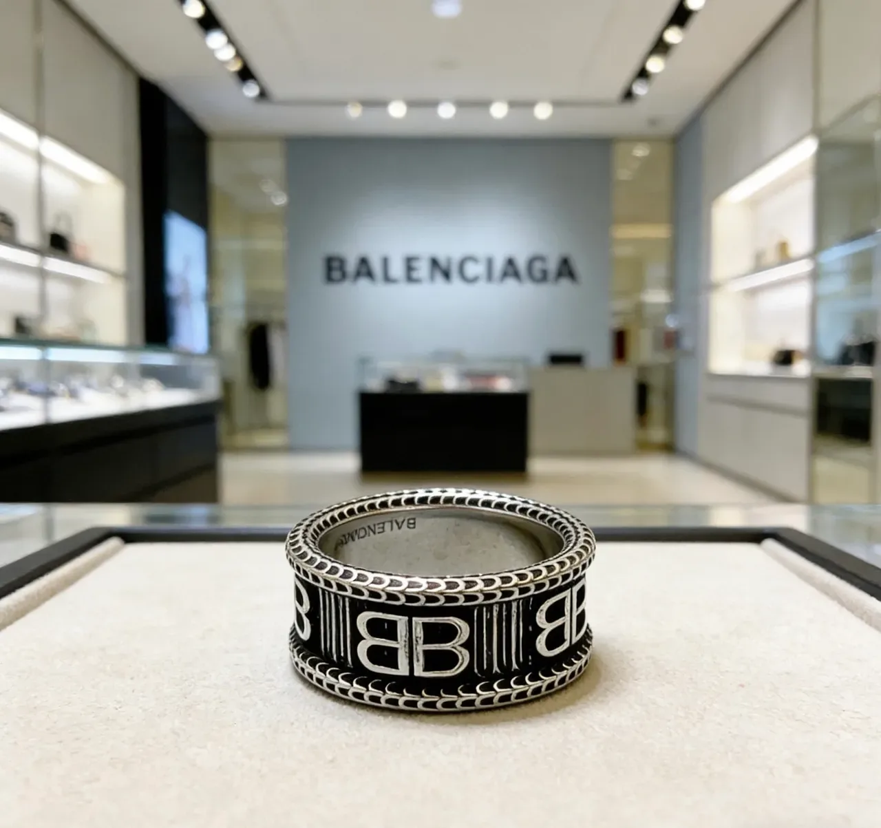 Balenciaga BB Ring Silver and Black Enamel Wide Band Ring 7