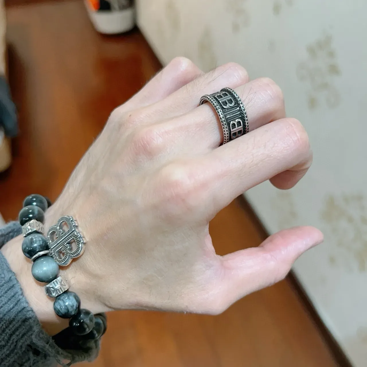 Balenciaga BB Ring Silver and Black Enamel Wide Band Ring 8