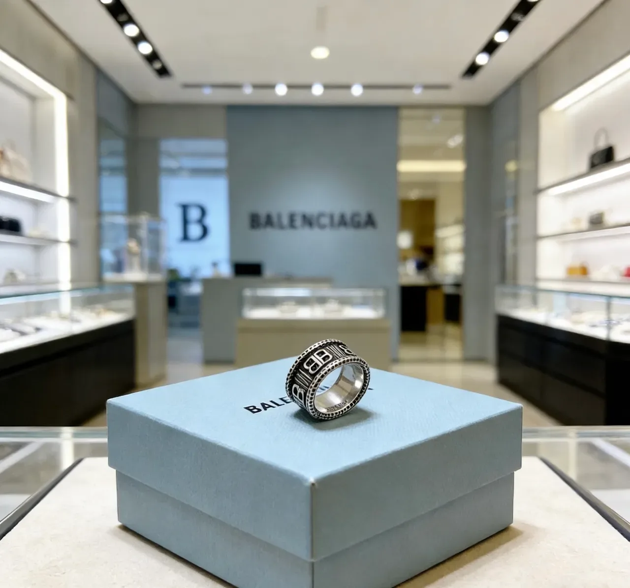 Balenciaga BB Ring Silver and Black Enamel Wide Band Ring 9